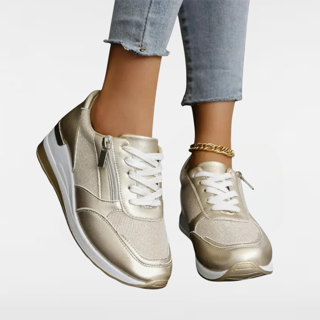Jenny | Fashion Sneakers with Laces and Side Zipper in Shimmering Silver and Gold