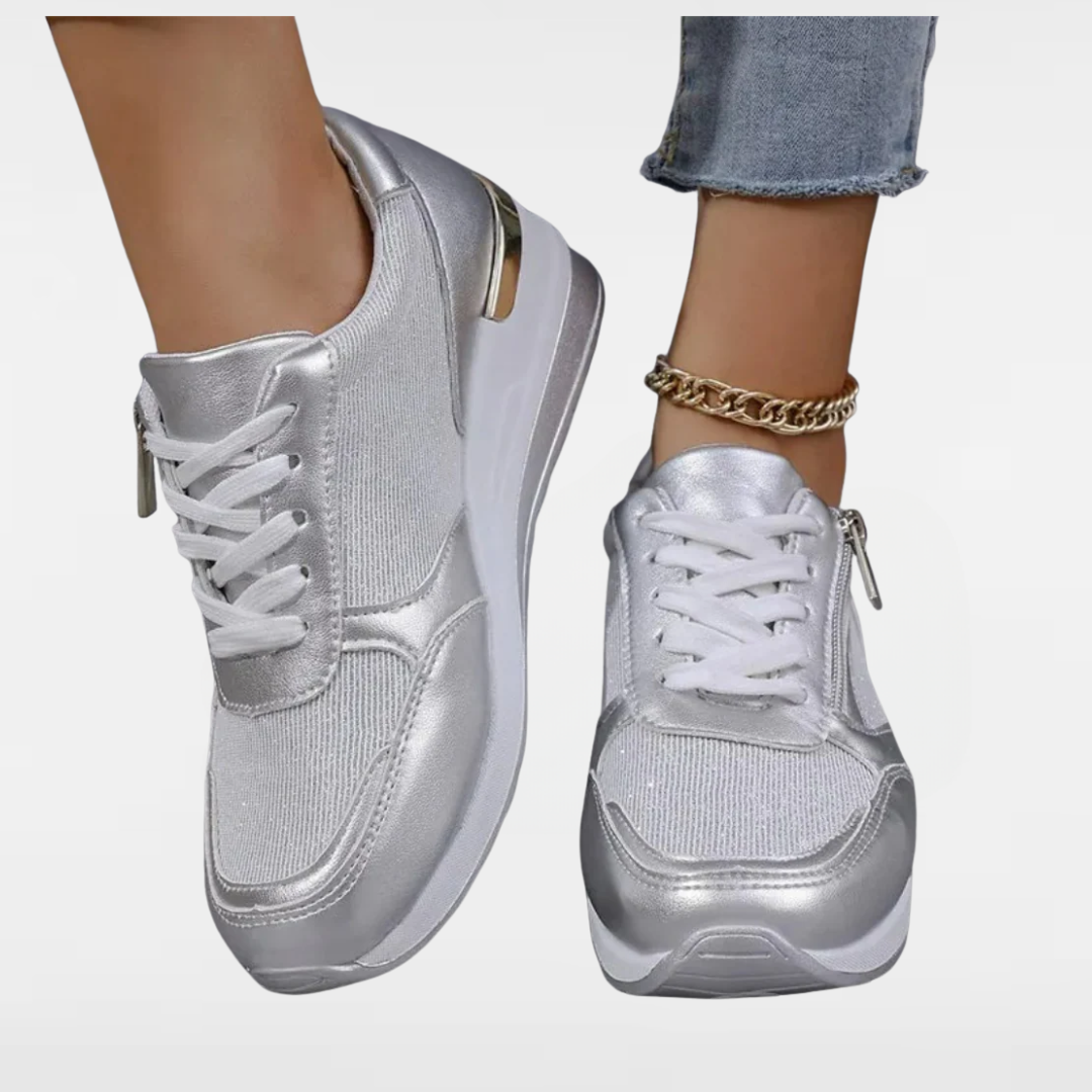 Jenny | Fashion Sneakers with Laces and Side Zipper in Shimmering Silver and Gold