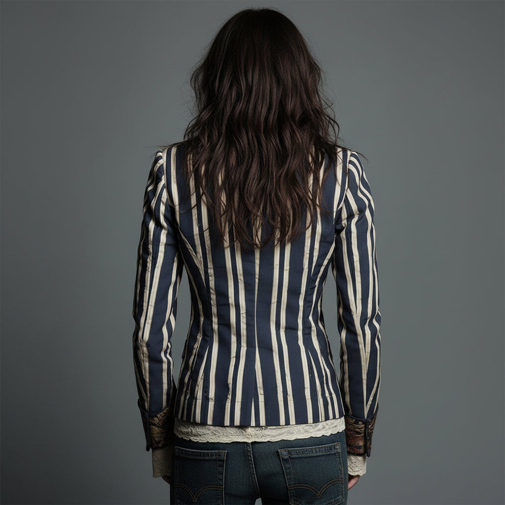Béatrice | Striped Blazer with Woven Floral Details