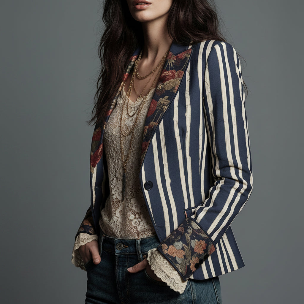 Béatrice | Striped Blazer with Woven Floral Details