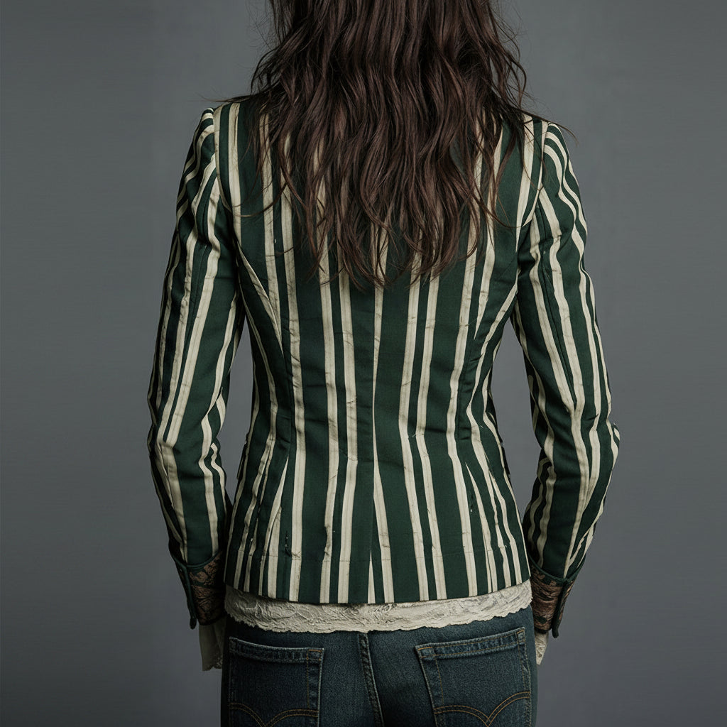 Béatrice | Striped Blazer with Woven Floral Details