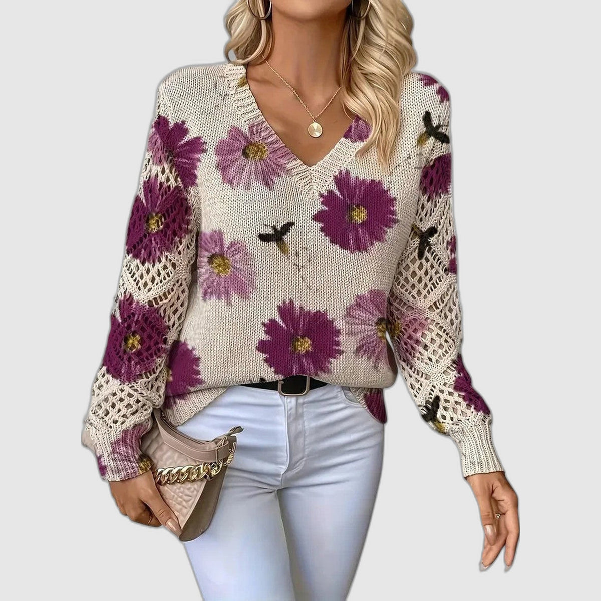 Amelie | Elegant Floral V-Neck Sweater