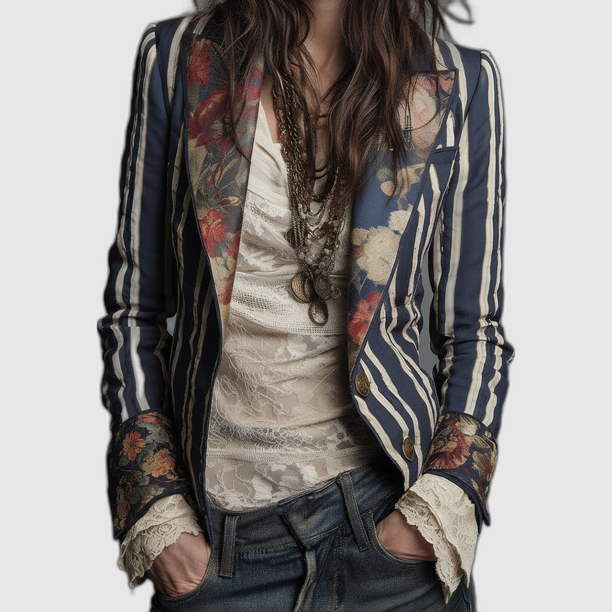 Béatrice | Striped Blazer with Woven Floral Details