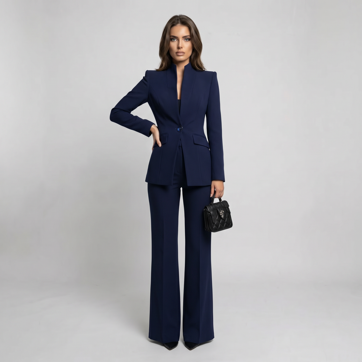 Blazer and Trousers Suit Set with High Collar