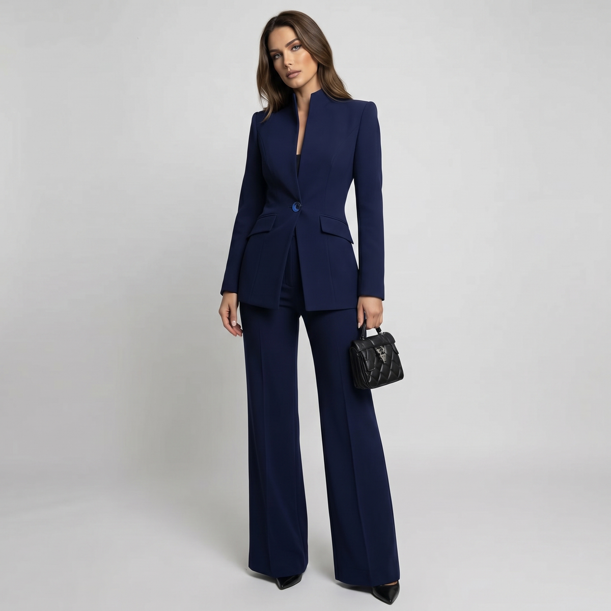 Blazer and Trousers Suit Set with High Collar