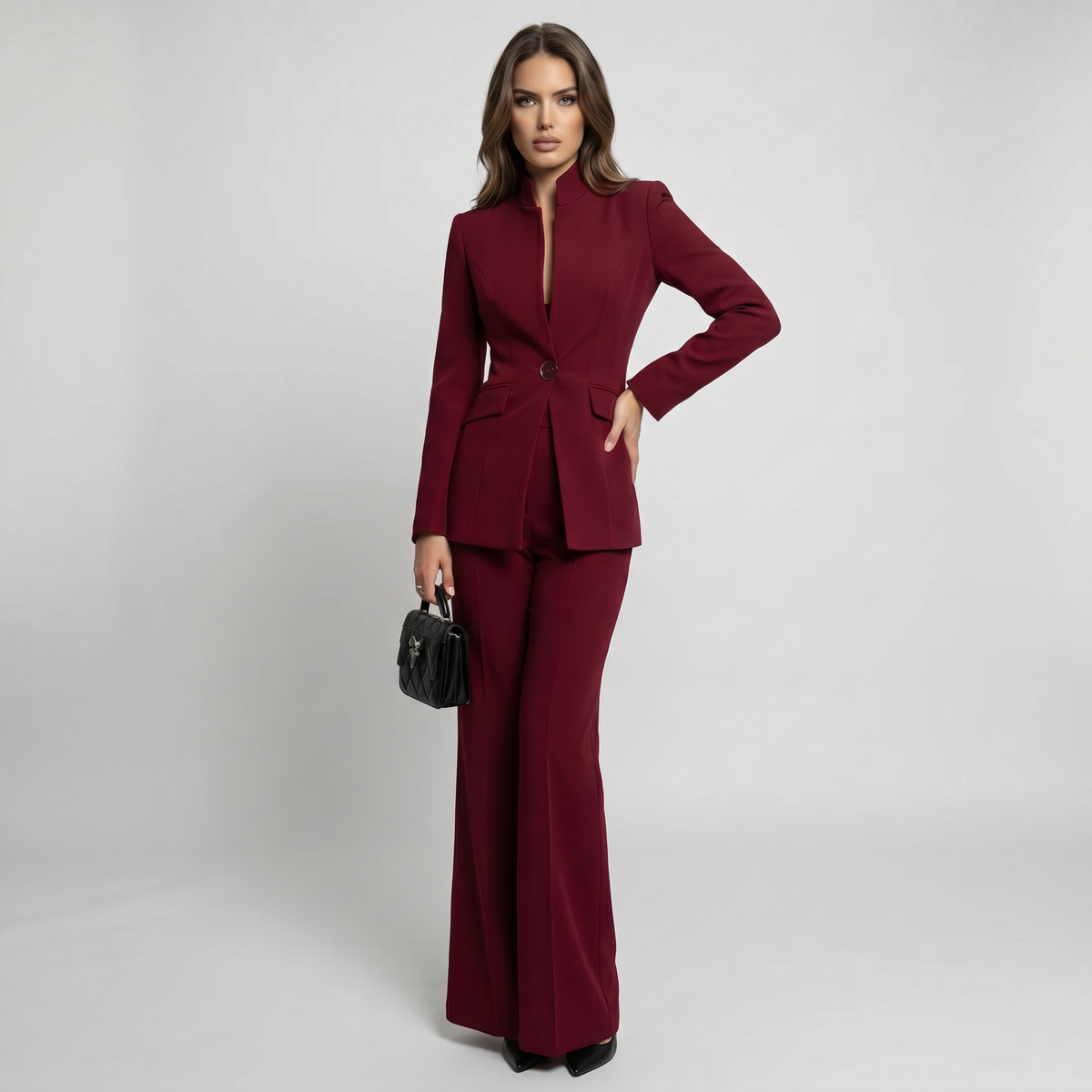 Blazer and Trousers Suit Set with High Collar