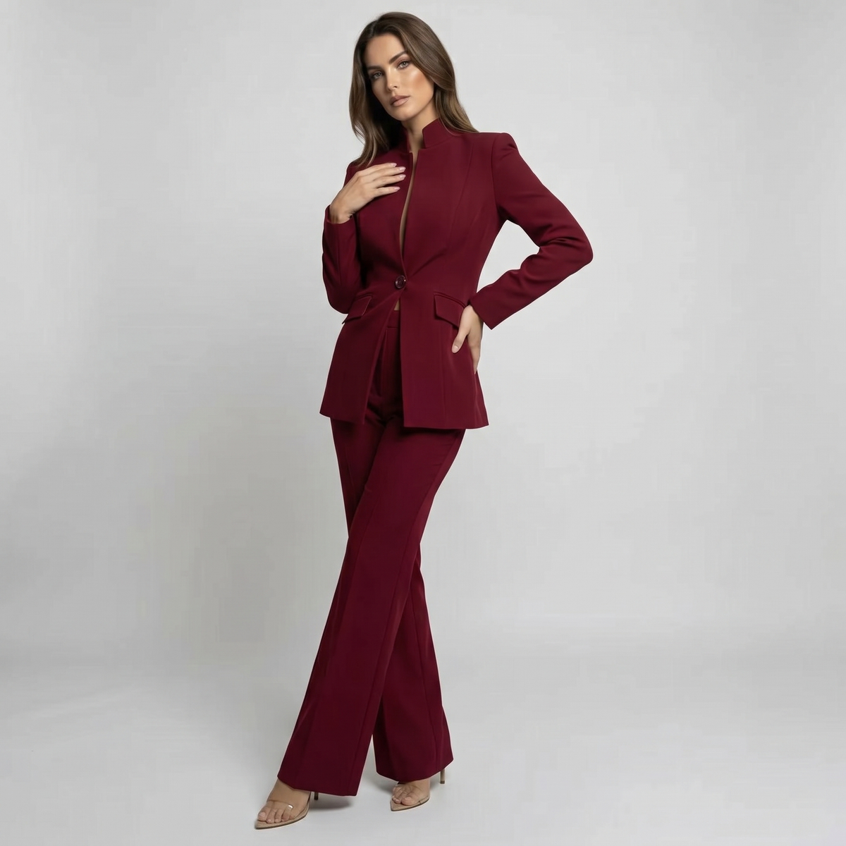 Blazer and Trousers Suit Set with High Collar