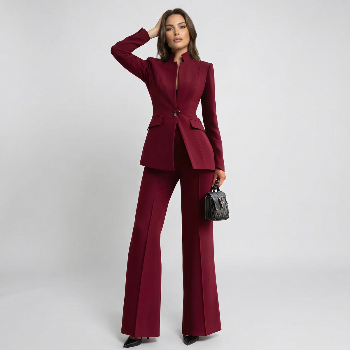 Blazer and Trousers Suit Set with High Collar