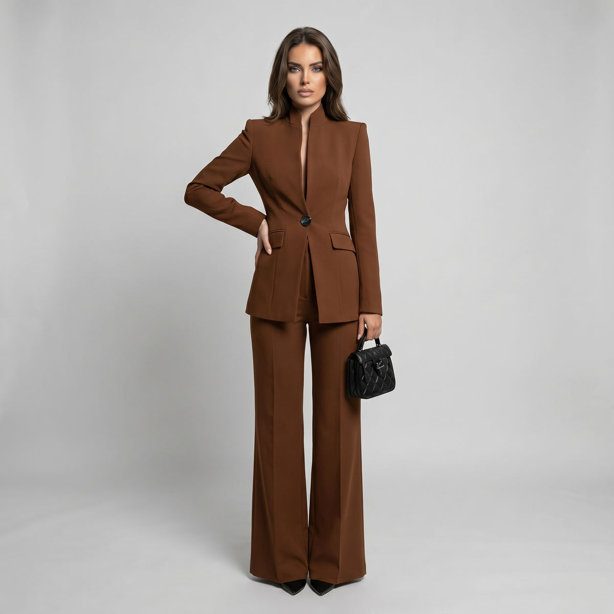 Blazer and Trousers Suit Set with High Collar