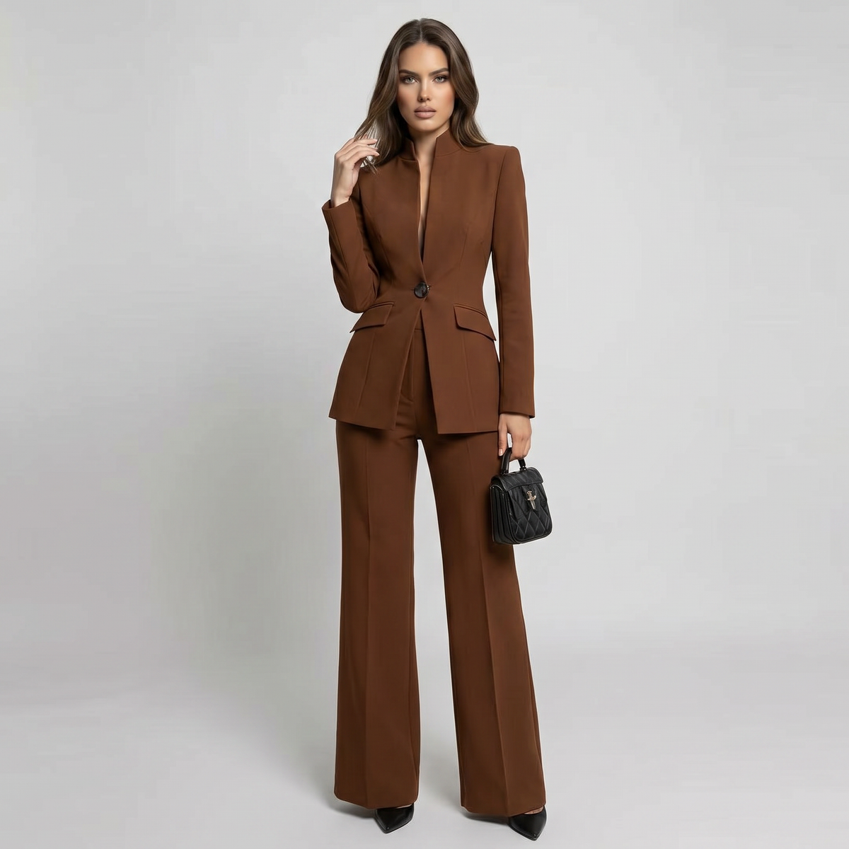 Blazer and Trousers Suit Set with High Collar