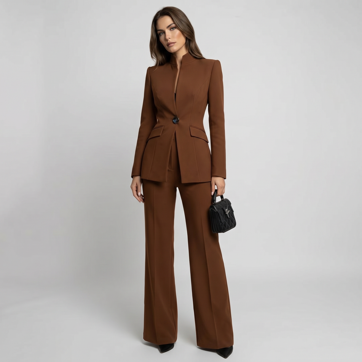 Blazer and Trousers Suit Set with High Collar