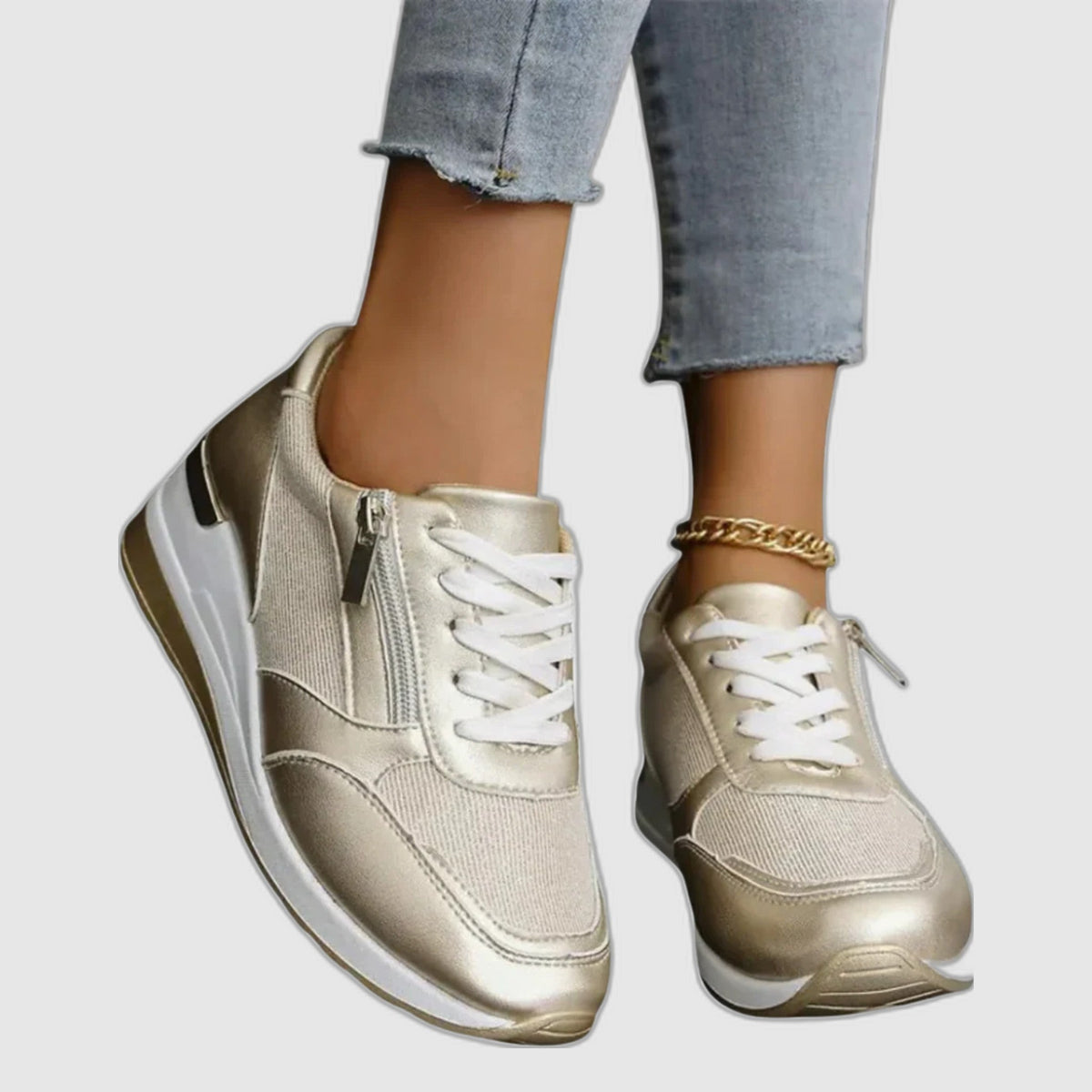 Jenny | Fashion Sneakers with Laces and Side Zipper in Shimmering Silver and Gold
